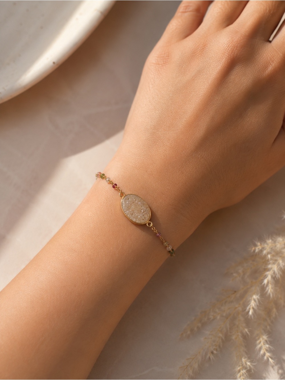 Handmade Dainty Druzy Stone Beaded Gold Bracelet/OS